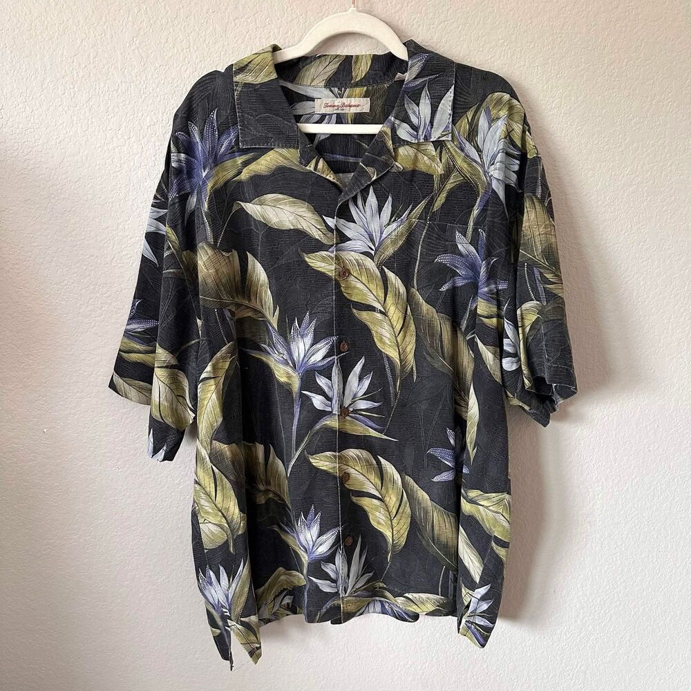 Tommy Bahama Men's XLX Extended Silk Camp Shirt Black Tropical